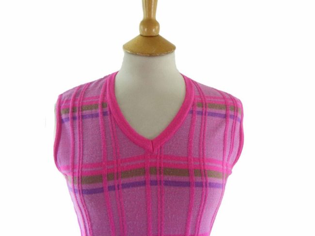 70s Pink Tartan Knitted Tank Top - 10 - Image 2
