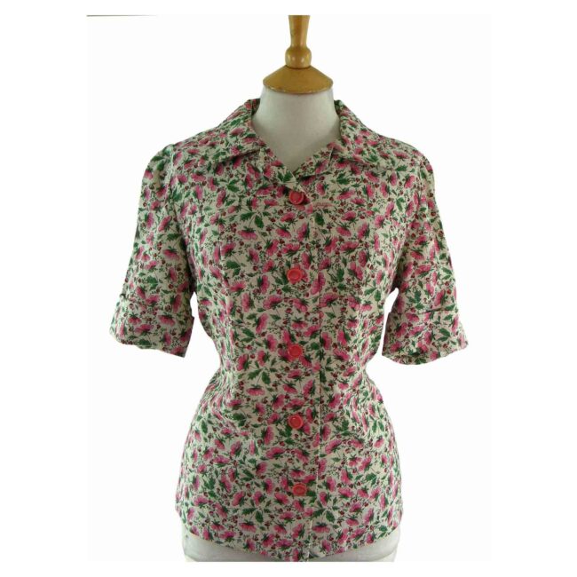 70s Pink Floral Short Sleeve Blouse