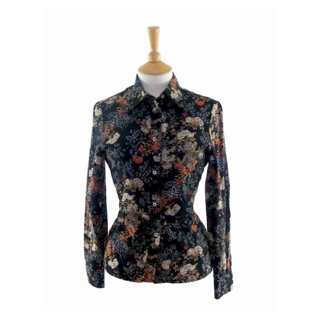 70s Black Victorian Floral Print Shirt - 10