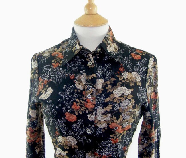 70s Black Victorian Floral Print Shirt - 10 - Image 2