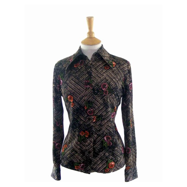 70s Tiled Floral Print Long Sleeve Blouse - 14