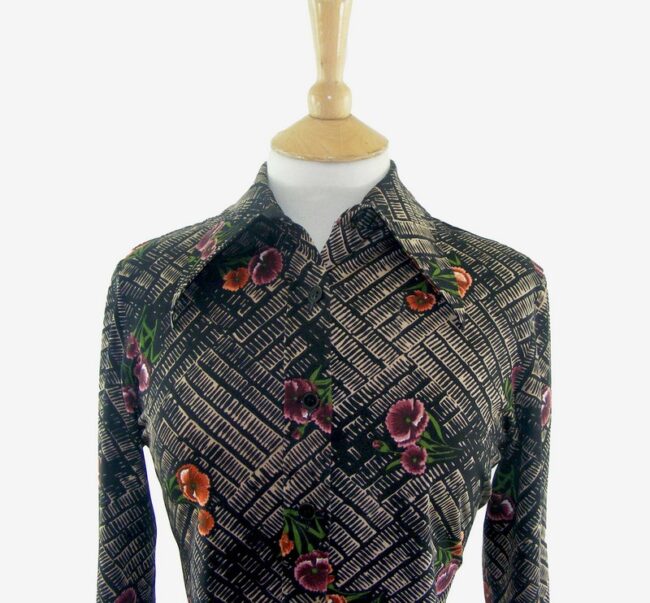70s Tiled Floral Print Long Sleeve Blouse - 14 - Image 2