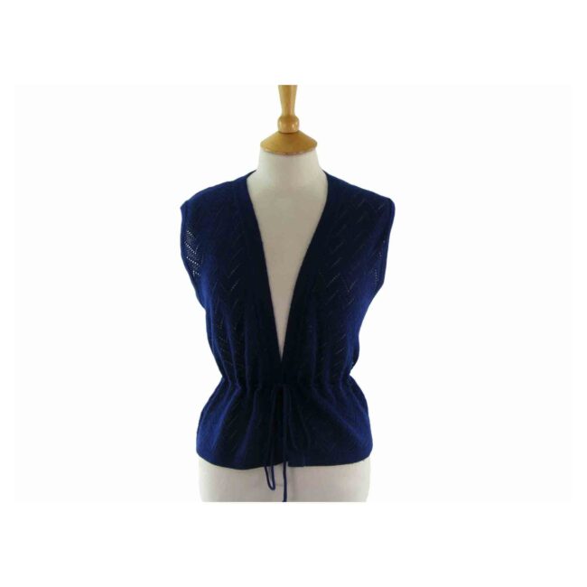 70s Navy Moth Patterned Knit Tank Top - 10