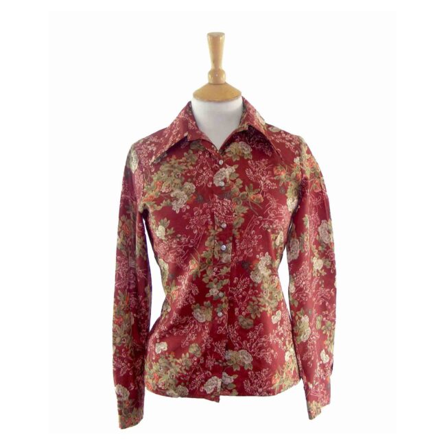 70s Red Victorian Floral Print Shirt - 10