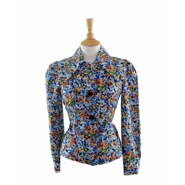 70s Watercolor Floral Print Blouse - 14