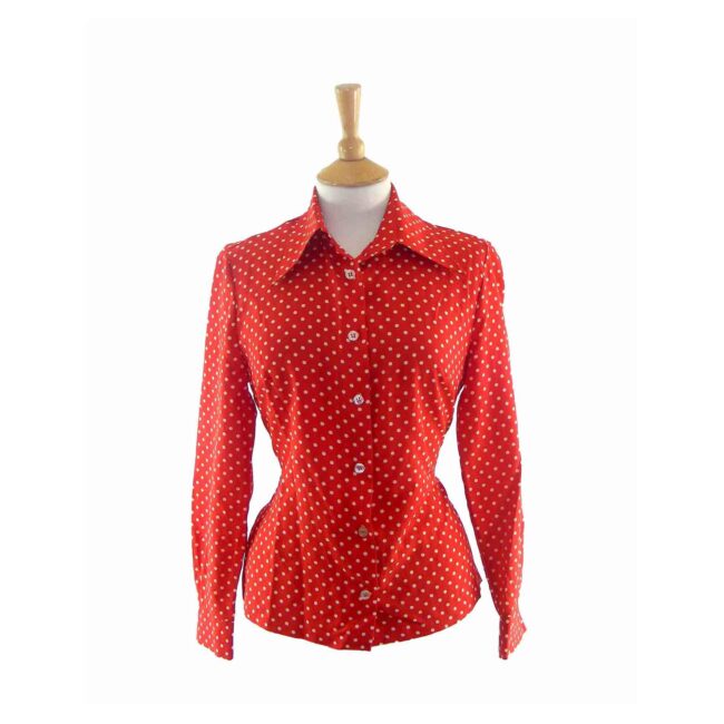 70s Red Polka Dot Print Long Sleeve Blouse - 10