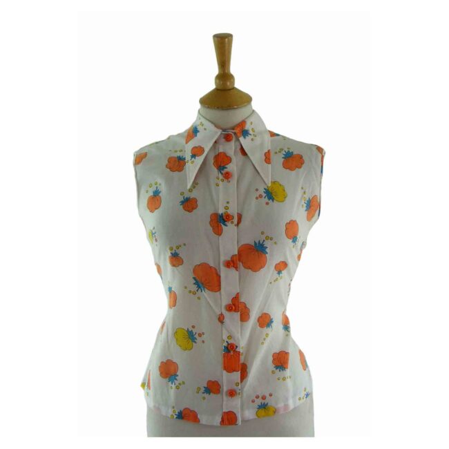 70s White Pumpkin Patterned Blouse - 12