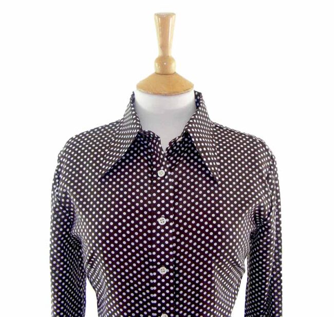 70s Brown Polka Dot Long Sleeve Blouse - 14 - Image 2