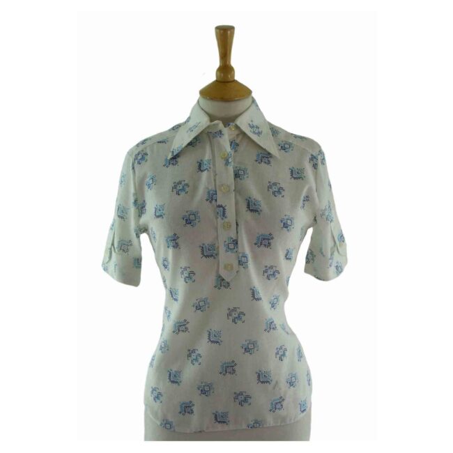 70s Blue Square Patterned Blouse - 12