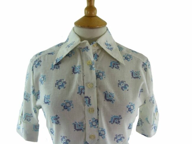 70s Blue Square Patterned Blouse - 12 - Image 2