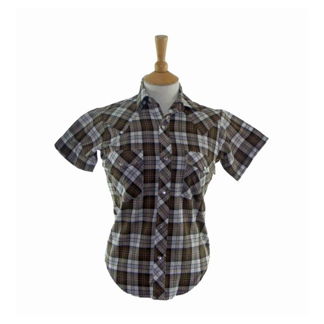70s Brown Checked Western Short Sleeve Shirt - 8