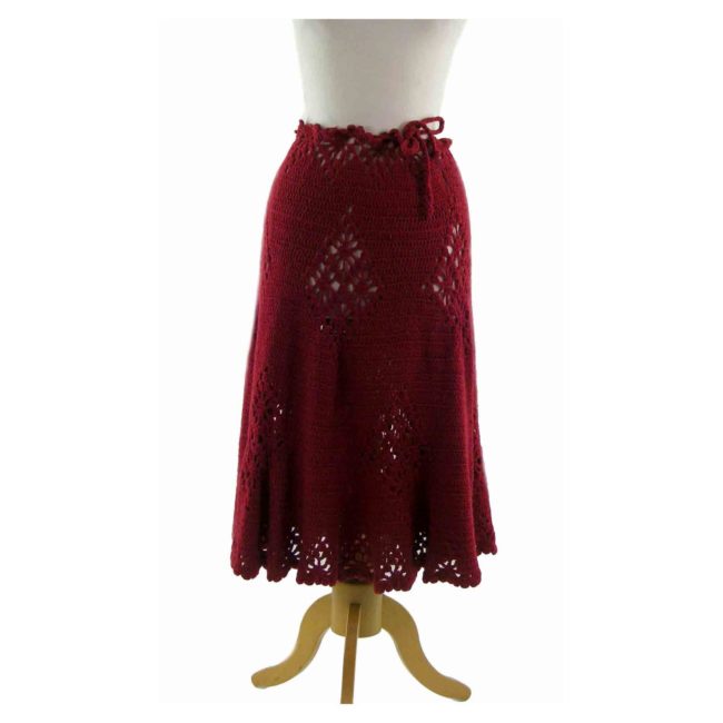 70s Red Crochet Flared Skirt - 10