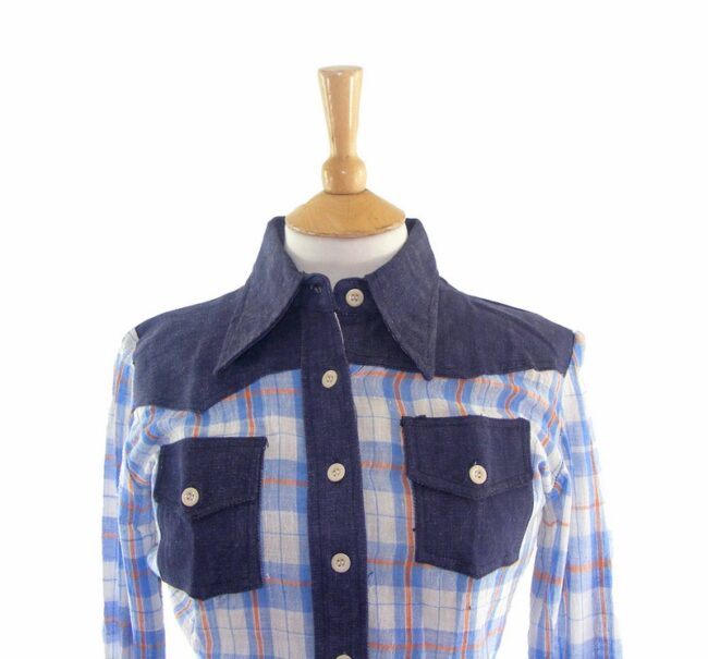70s Blue Denim Checked Western Shirt - 10 - Image 2