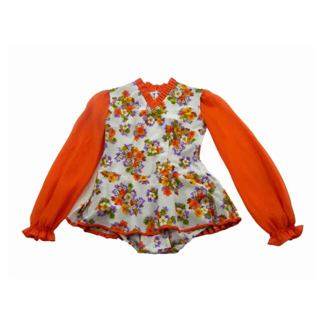 70s Orange Floral Body-Suit Blouse - 10