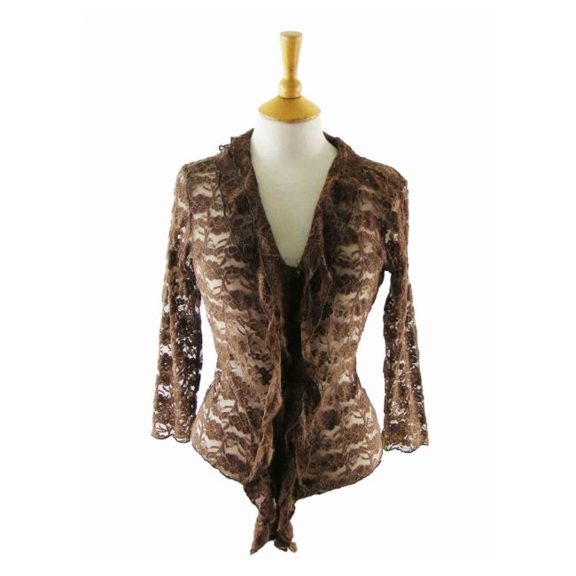 90s Dark Brown Ruffled Lace Blouse -10