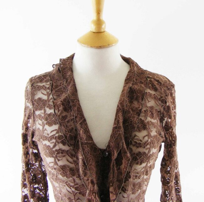 90s Dark Brown Ruffled Lace Blouse -10 - Image 2