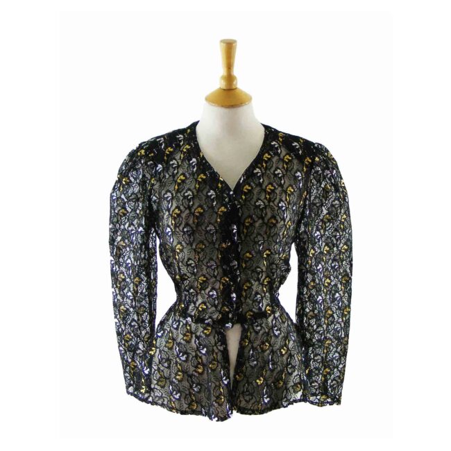90s Black Lurex Lace Blouse - 10