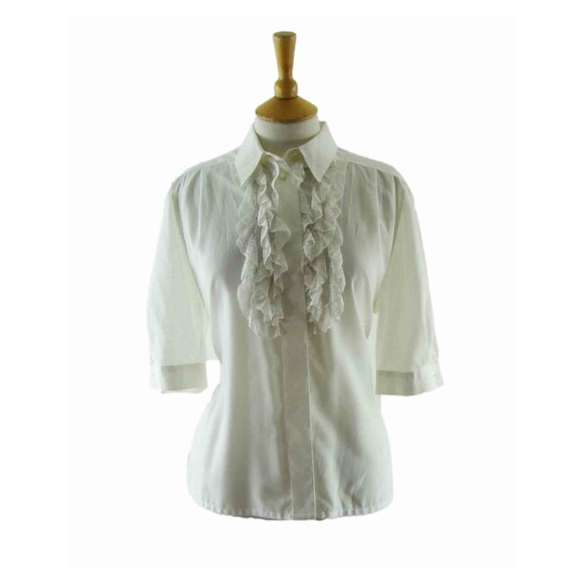 90s White Lace Ruffle Blouse - 14