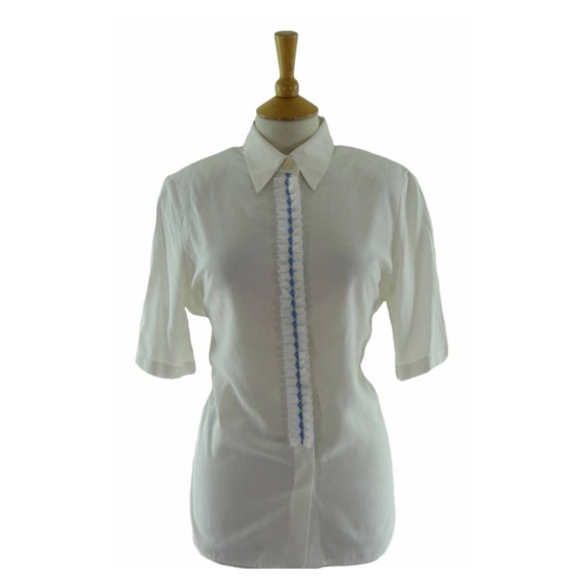 90s White Ruffled Short Sleeve Shirt - 14