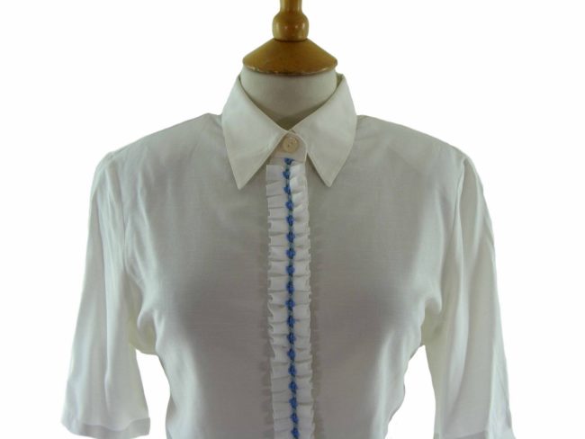 90s White Ruffled Short Sleeve Shirt - 14 - Image 2