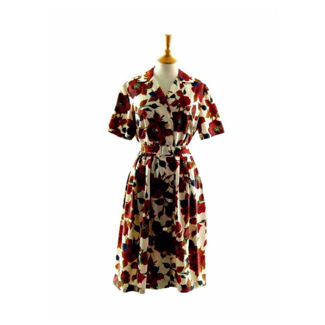 50s Rose Patterned Belted Dress