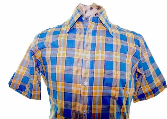 70s Yellow Blue Checked Short Sleeve Shirt - L - Image 2