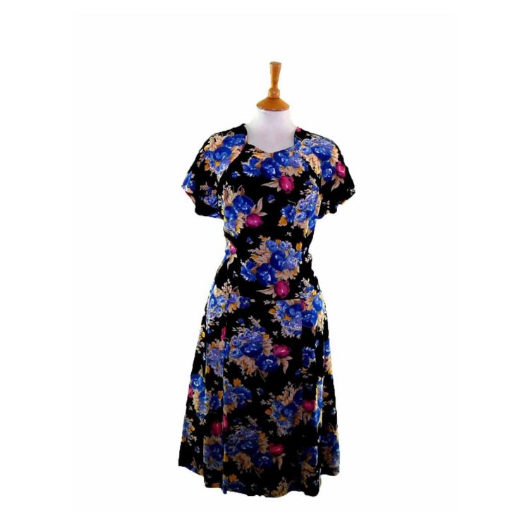 50s Black Floral A line Dress