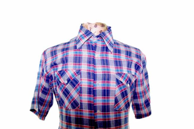 70s Navy Checked Short Sleeve Shirt - L - Image 2
