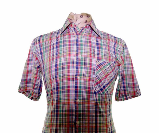 70s Bright Multicolored Plaid Short Sleeve Shirt - L - Image 2