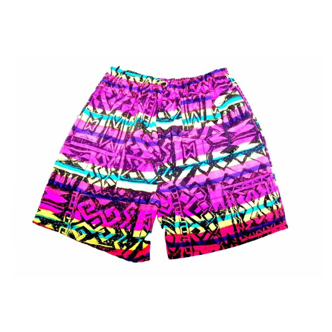 90s Neon Black Print Beach Shorts