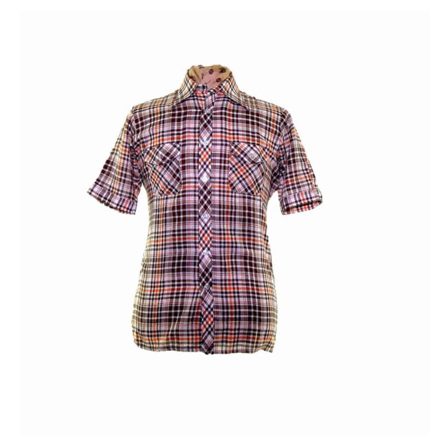 70s Orange Brown Plaid Short Sleeve Shirt