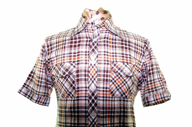 70s Orange Brown Plaid Short Sleeve Shirt - M - Image 2
