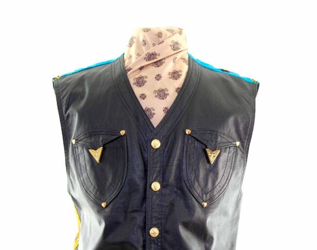 Front close up of Black Leather Miami Patterned Waistcoat