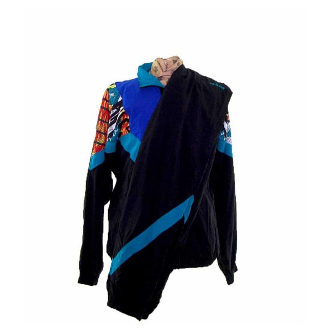 80s Black Colourful Print Shell Suit Two Piece - XL