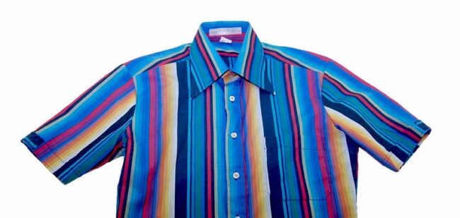 70s Blue Rainbow Striped Short Sleeve Shirt - M - Image 2