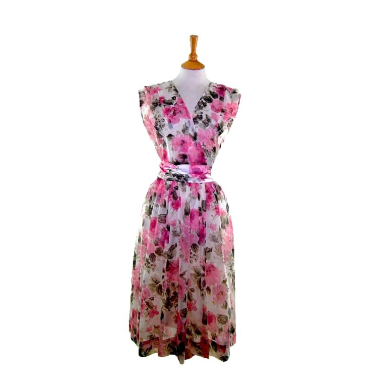 50s Pink Floral Sheer Belted Dress