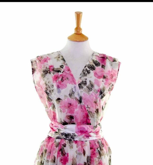 50s Pink Floral Sheer Belted Dress - 12 - Image 2