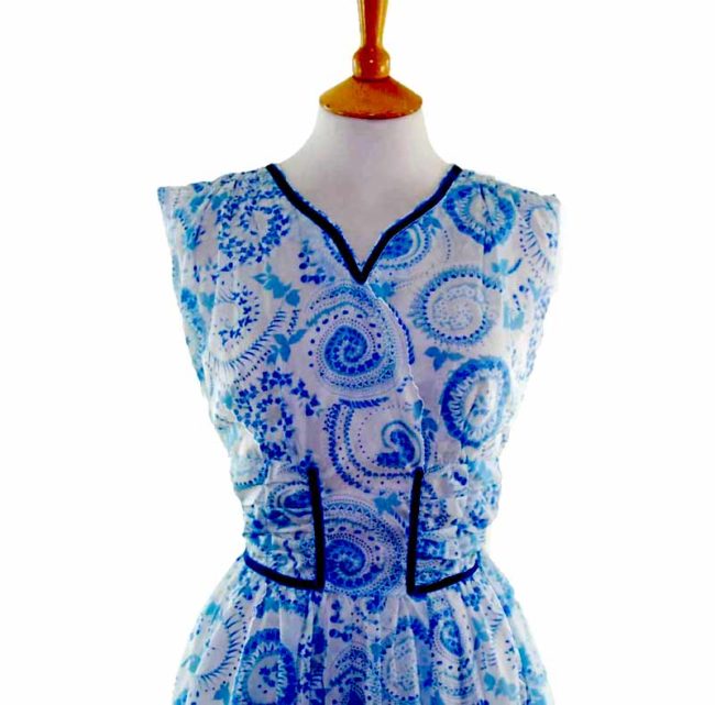 50s Sheer Blue Patterned Dress - 10 - Image 2