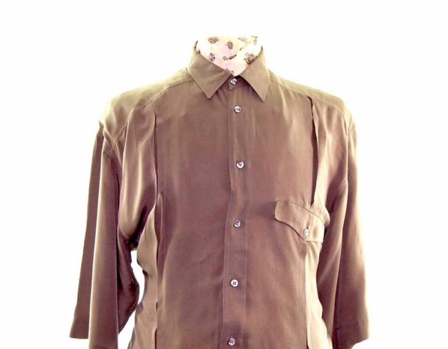 90s Khaki Short Sleeve Silk Shirt - L - Image 2
