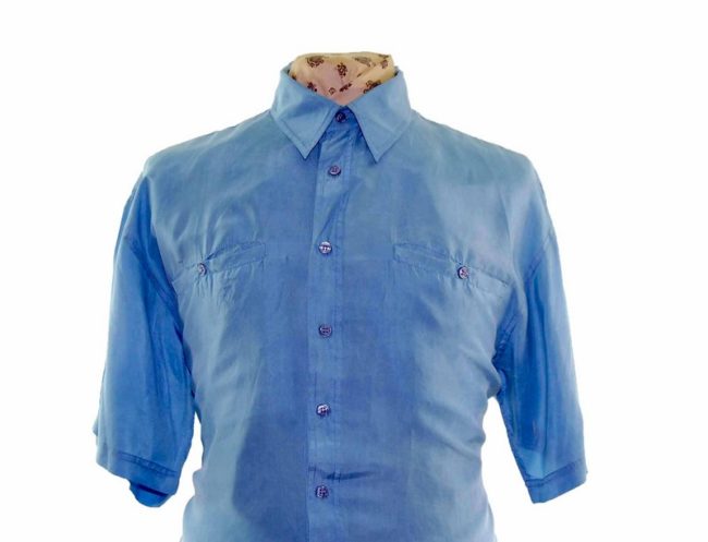 90s Light Blue Short Sleeve Silk Shirt - L - Image 2