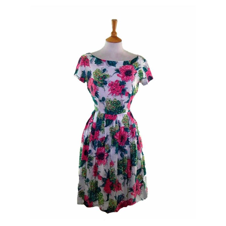 50s Pink Contrast Floral Patterned Dress