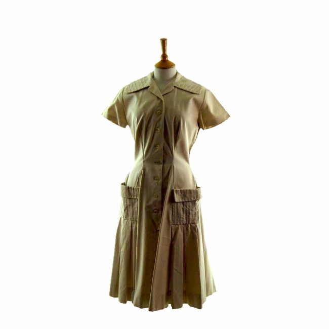 50s Beige Button Flared Dress