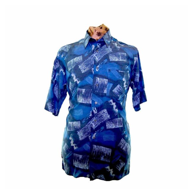 80s Blue Abstract Print Short Sleeved Shirt - L