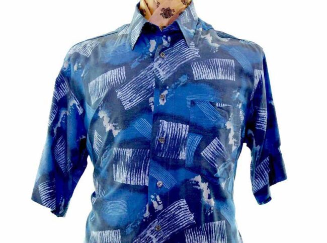 80s Blue Abstract Print Short Sleeved Shirt - L - Image 2