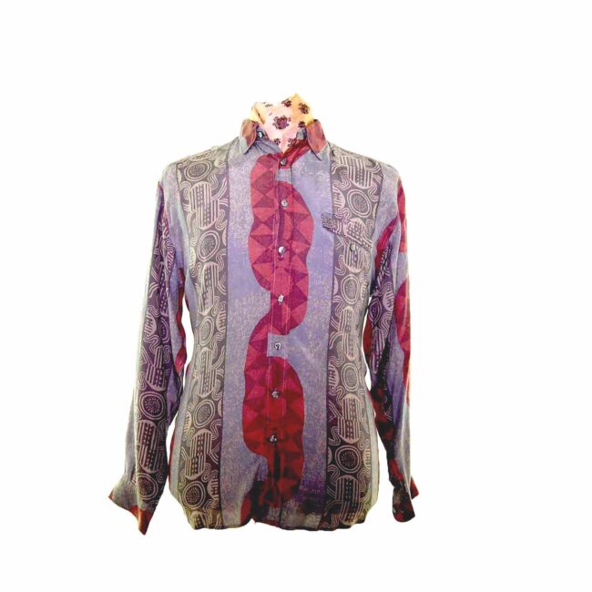 80s Dark Green Print Striped Shirt - L