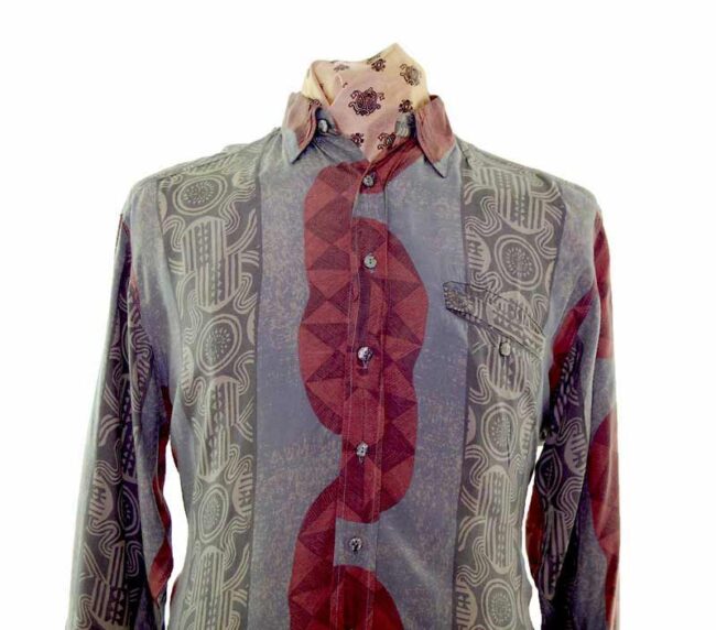 80s Dark Green Print Striped Shirt - L - Image 2