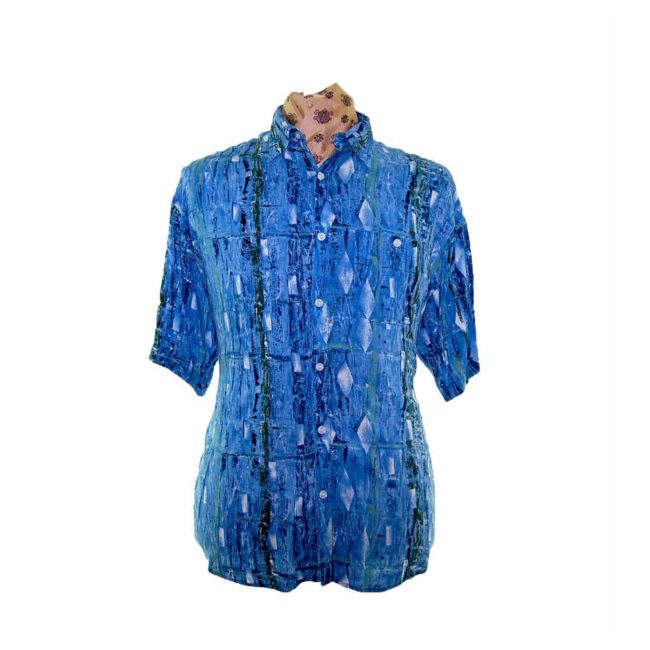 80s Blue Printed Short Sleeved Shirt - L