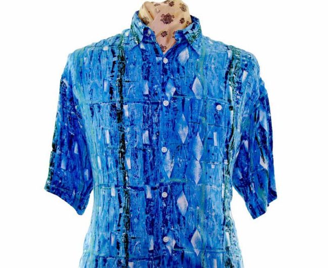 80s Blue Printed Short Sleeved Shirt - L - Image 2