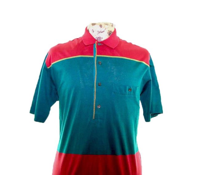 90s Red Green Block Stripe Polo - L - Image 2