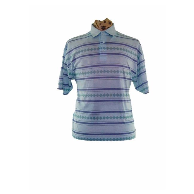 90s Blue Diamond Print Striped Polo - XXL